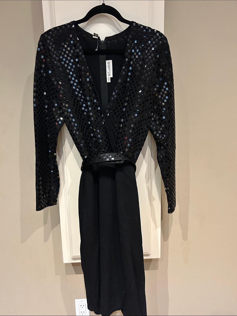 St. John Black Sequin Long-Sleeve Evening Dress